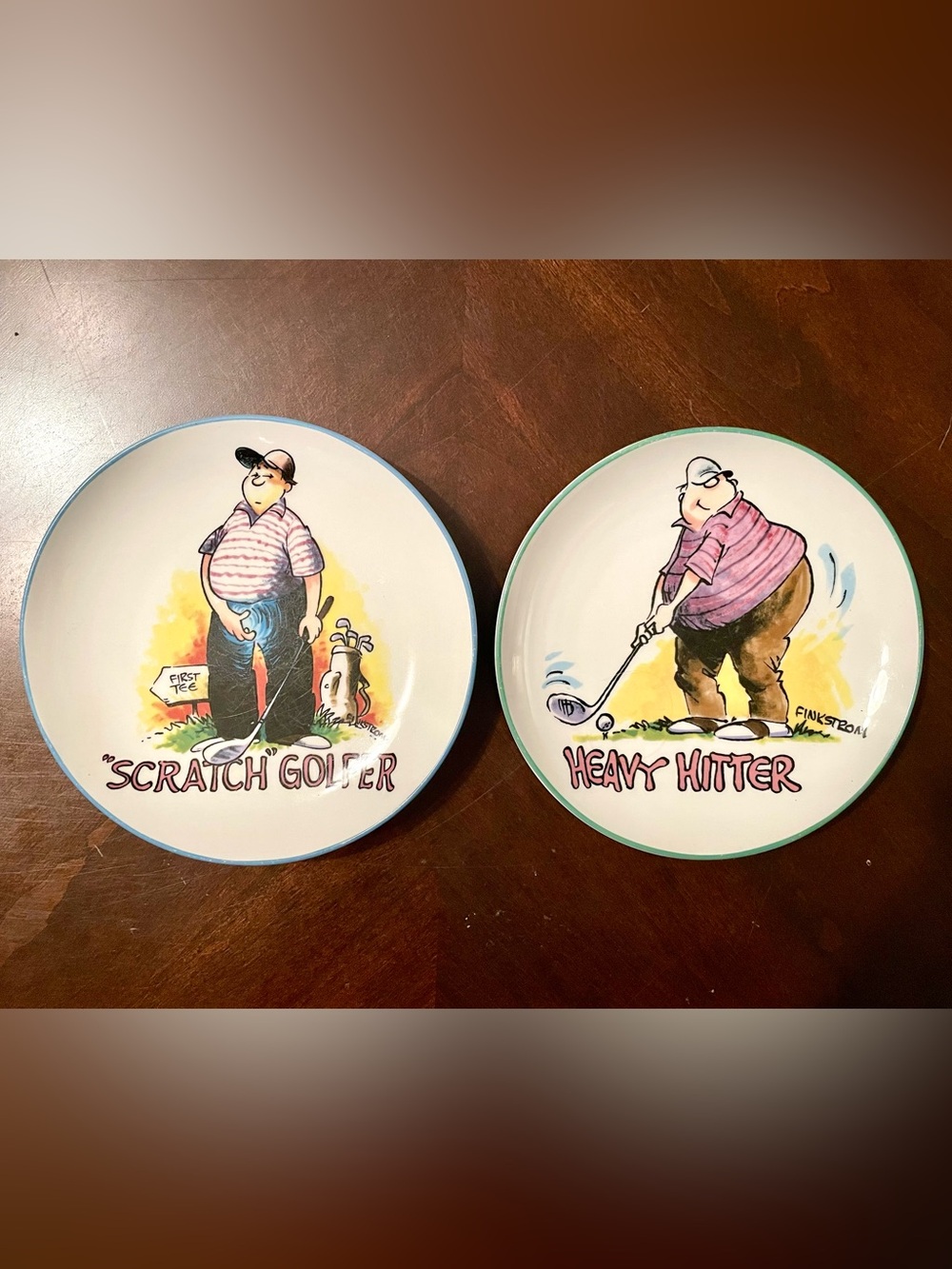 Vintage Finkstrom Humorous Golf Cartoon Ceramic Collector Plates - Set of 2